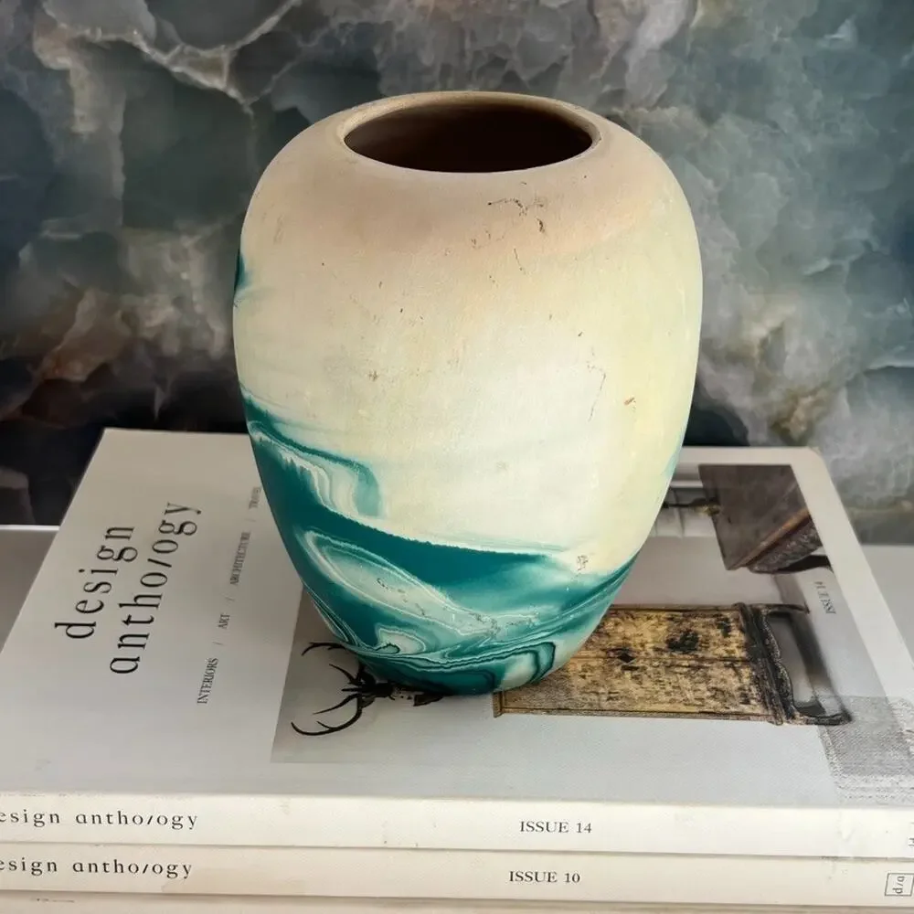 Nemadji Vase Pottery 6.5 x 5 in Round Ivory & Blue Swirl Hand Painted